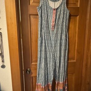 Anthropologie Blue and Red Patterned Jumpsuit